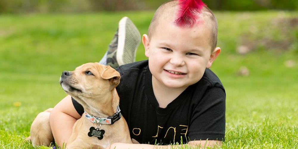Enzo Gentile, now 5, wears an “Enzo Strong” shirt while playing with his puppy, Tank. (图片来源:Robert Mescavage)